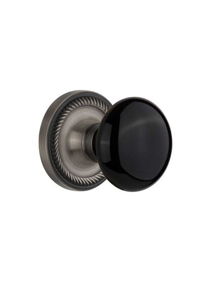 Rope Rosette Door Set with Black Porcelain Knobs in Antique Pewter.